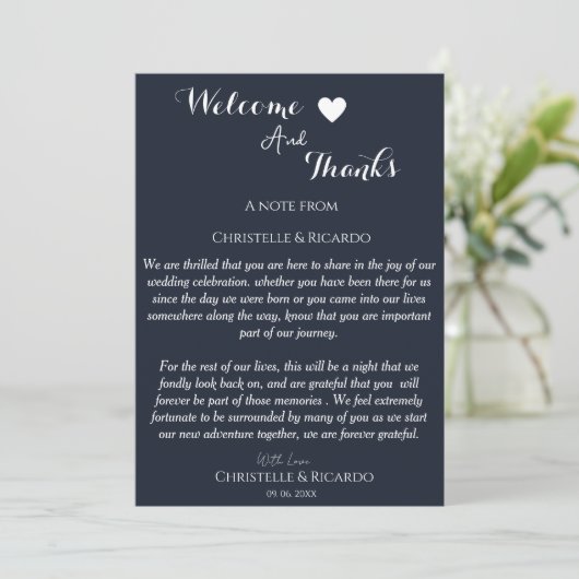 Moderne marineblauw welkom en bedankt bruiloft (Staand voorkant)