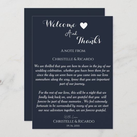 Moderne marineblauw welkom en bedankt bruiloft (Voorkant / Achterkant)