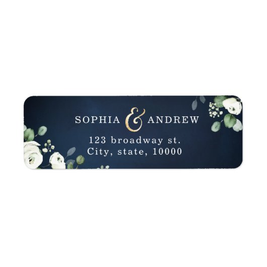 Moderne marineblauw wit floral return address labe etiket (Voorkant)
