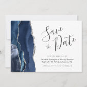 Moderne marineblauw zilver agate Save the Date Kaa Kaart (Voorkant)