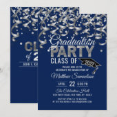 Moderne marineblauw zilver Glitter GRADUATION Part Kaart (Voorkant / Achterkant)