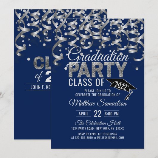 Moderne marineblauw zilver Glitter GRADUATION Part Kaart (Voorkant / Achterkant)