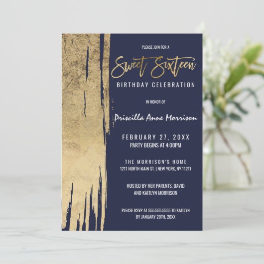 Moderne marineblauwblauwe goudpenseelstreken - zoe kaart (Staand voorkant)