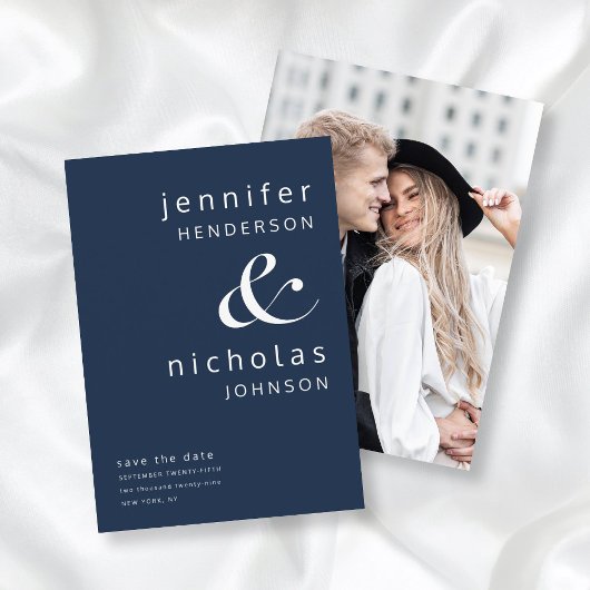 Moderne marineblauwe ampersand foto save the date