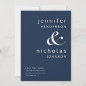 Moderne marineblauwe ampersand foto save the date (Voorkant)