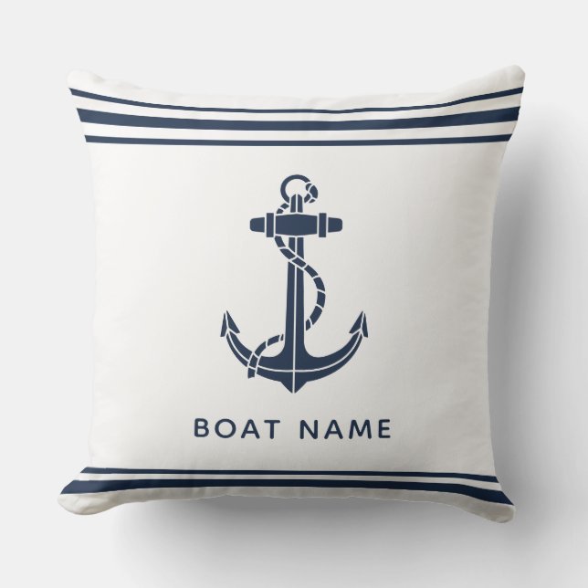 Moderne marineblauwe anker bootnaam op maat buitenkussen (Voorkant)