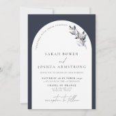 Moderne marineblauwe arch botanische foto bruiloft kaart (Voorkant)