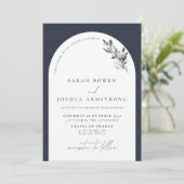 Moderne marineblauwe arch botanische foto bruiloft kaart (Staand voorkant)