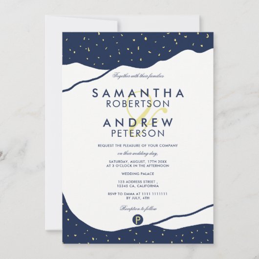 Moderne marineblauwe bergen geel stip bruiloft kaart (Voorkant)