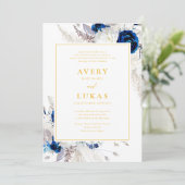Moderne marineblauwe bloemen & gele bruiloft kaart (Staand voorkant)