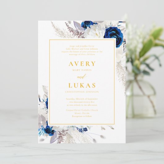 Moderne marineblauwe bloemen & gele bruiloft kaart (Staand voorkant)