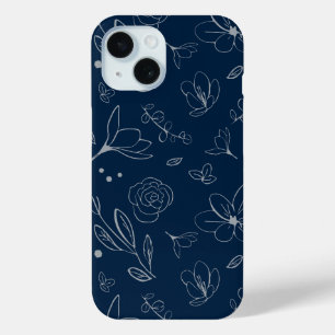 Moderne marineblauwe bloemillustratie iPhone 15 case
