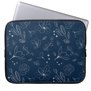 Moderne marineblauwe bloemillustratie laptop sleeve