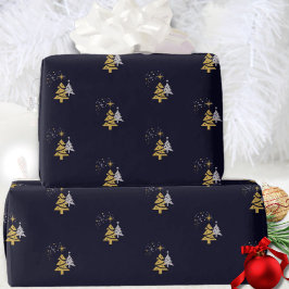 Moderne marineblauwe en gouden kerstboom cadeauver cadeaupapier