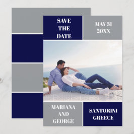 Moderne marineblauwe en grijze kleurenblokbruiloft save the date