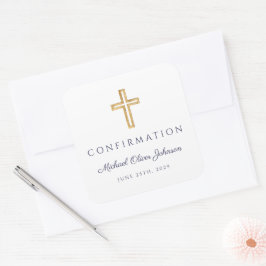 Moderne marineblauwe religieuze kruis jongensbeves vierkante sticker