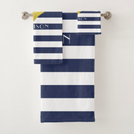 Moderne marineblauwe strepen patroon naam bad handdoek