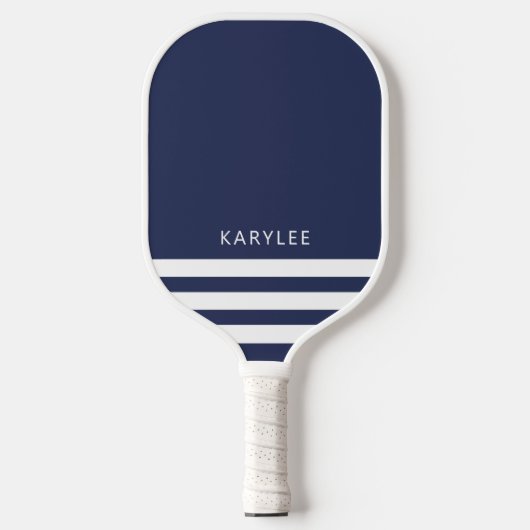 Moderne marineblauwe strepes gepersonaliseerd pickleball paddle (Voorkant)