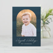 Moderne marineblauwe Waterverf boog foto Feestdagenkaart (Staand voorkant)