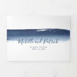 Moderne marineblauwe Waterverf Elegante bruiloft Drieluik Uitnodiging