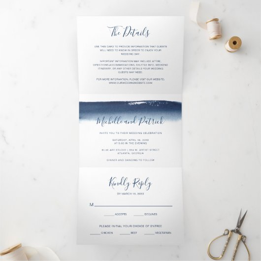 Moderne marineblauwe Waterverf Elegante bruiloft Drieluik Uitnodiging (Binnen)
