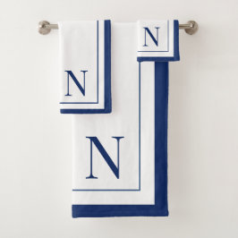 Moderne marineblauwe witte monogram initiaal bad handdoek