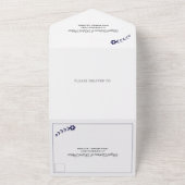 Moderne marineblauwe, witte typografie bruiloft all in one uitnodiging (Buitenkant)