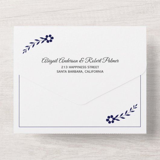 Moderne marineblauwe, witte typografie bruiloft all in one uitnodiging (Achterkant)