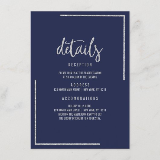 Moderne marineblauwe zilveren glitter trendy behui informatiekaartje (Voorkant)