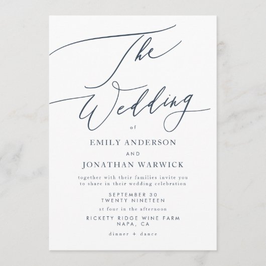 Moderne marineblauwwitte kalligrafie Het huwelijk Kaart (Voorkant)