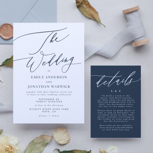 Moderne marineblauwwitte kalligrafie Het huwelijk Kaart