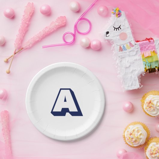 Moderne marineblauwwitte monogram voor aangepast i papieren bordje (Feest)