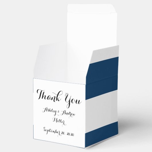 Moderne marineblauwwitte strippatroon bedankdoosjes (Geopend)