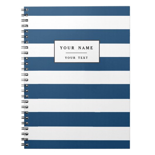 Moderne marineblauwwitte strippatroon notitieboek (Voorkant)