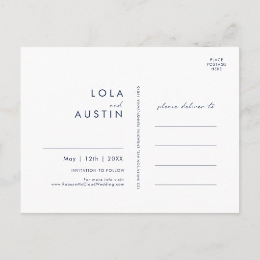 Moderne marineblauwzilver foto slaat de datum op uitnodiging briefkaart (Achterkant)