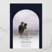 Moderne marineboog 4 foto's bruiloft met de datum folie uitnodiging (Achterkant)