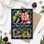 Moderne marinebuffel met kerstfoto's collage folie feestdagenkaart<br><div class="desc">De moderne en feestelijke fotokaart bevat een collage van 3 foto's die door een rand zijn omgeven en accenten van echte goudfolie en met de hand geschilde waterverf blauw en zwart gebuffel tegen de achtergrond. Pas de aangepaste tekst met de tekst 'Kortste Kerstmis' aan met de gewenste tekst, de familienaam...</div>