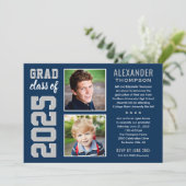 Moderne marinegrijs twee foto's afstudeerfeest kaart (Staand voorkant)