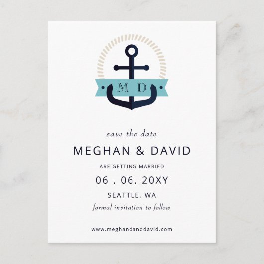 Moderne marinemacht Anchor Nautical Monogram Wedde Aankondigingskaart (Voorkant)