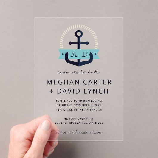 Moderne marinemacht Anchor Nautical Monogram Wedde Acryl Uitnodigingen (Insitu (Draagbaar))
