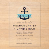 Moderne marinemacht Anchor Nautical Monogram Wedde Acryl Uitnodigingen (Voorkant)