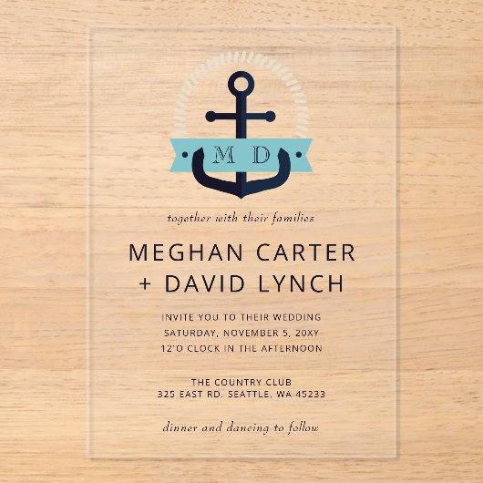 Moderne marinemacht Anchor Nautical Monogram Wedde Acryl Uitnodigingen (Voorkant)