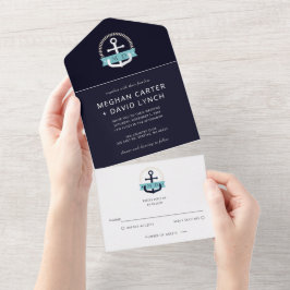 Moderne marinemacht Anchor Nautical Monogram Wedde All In One Uitnodiging