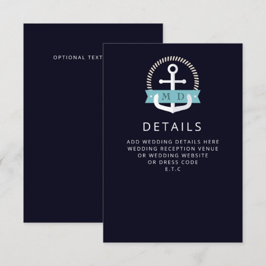 Moderne marinemacht Anchor Nautical Monogram Wedde Informatiekaartje (Voorkant / Achterkant)