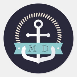 Moderne marinemacht Anchor Nautical Monogram Wedde Ronde Sticker