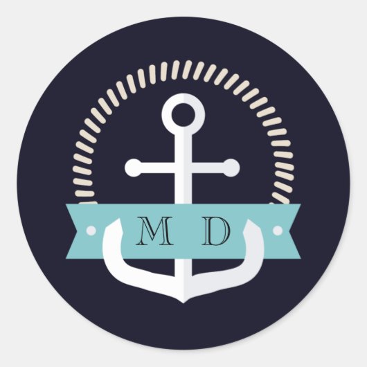 Moderne marinemacht Anchor Nautical Monogram Wedde Ronde Sticker (Voorkant)