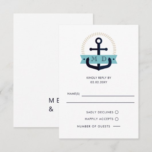 Moderne marinemacht Anchor Nautical Monogram Wedde RSVP Kaartje (Voorkant / Achterkant)