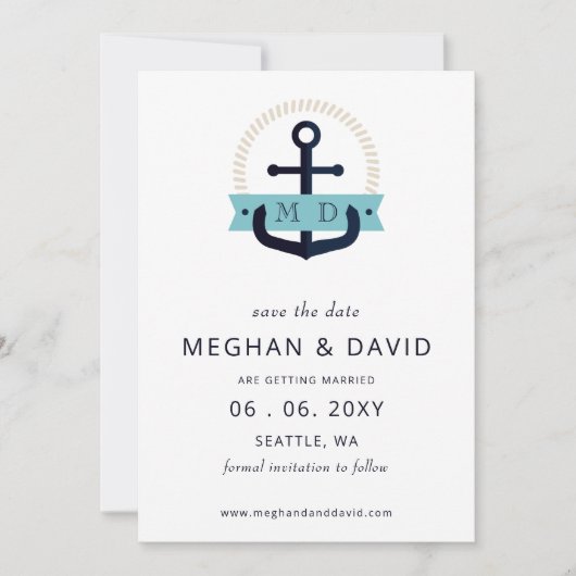 Moderne marinemacht Anchor Nautical Monogram Wedde Save The Date (Voorkant)