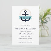 Moderne marinemacht Anchor Nautical Monogram Wedde Save The Date (Staand voorkant)