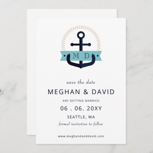 Moderne marinemacht Anchor Nautical Monogram Wedde Save The Date (Voorkant / Achterkant)